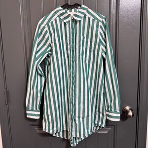 On 34th Green and White Striped Button-Up Oversize Shirt